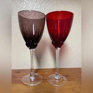 2 Vtg Hand Blown Ruby Red, Plum amethyst Tulip Petals Stem 9” Tall Wine Glasses